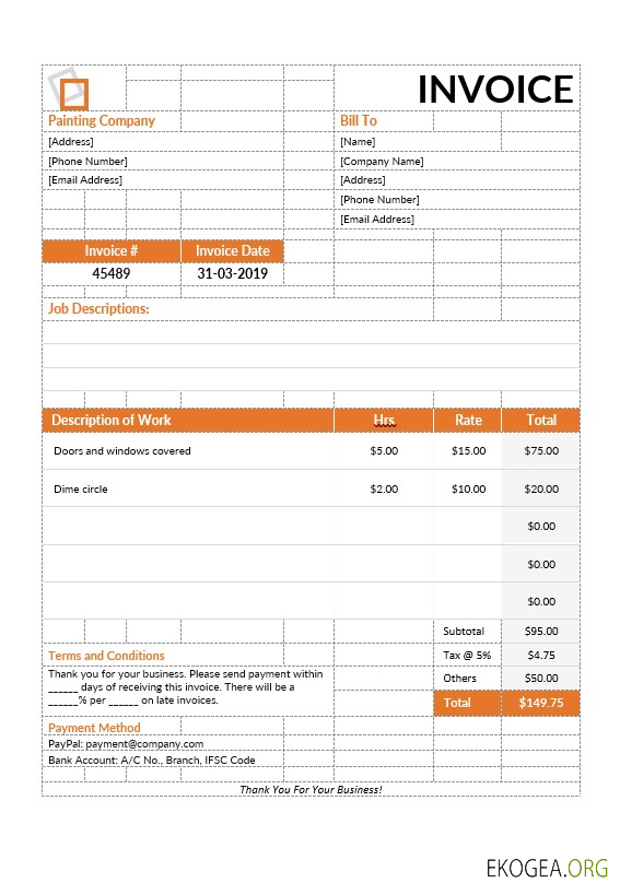 Modèle de facture de services de peinture